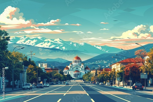 Sofia landmarks, Alexander Nevsky Cathedral and Vitosha Boulevard, Bulgaria, minimal flat design illustration, No logo, No Trademark, No text, minimal concept with copy space for stock photo