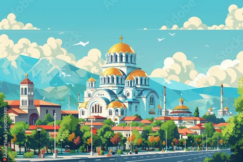 Sofia landmarks, Alexander Nevsky Cathedral and Vitosha Boulevard, Bulgaria, minimal flat design illustration, No logo, No Trademark, No text, minimal concept with copy space for stock photo