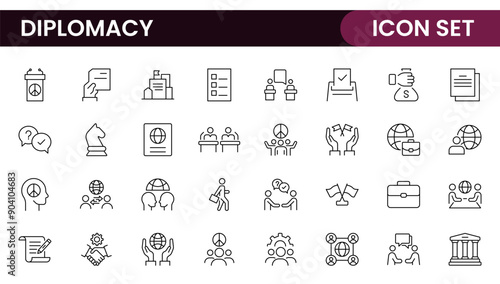 Diplomacy Line  Icons set. Vector illustration in modern thin line style of political dialogue related icons: summit, diplomatic, politics, debate, and more.