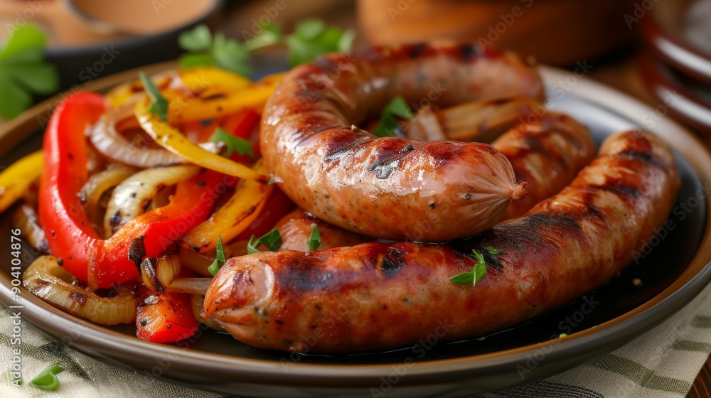 A plate of grilled Italian sausages served with sauted peppers and onions A plate of grilled Italian sausages served with sauted peppers and onions