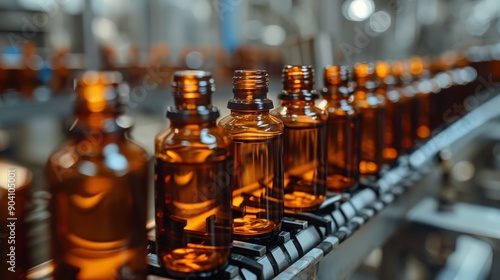 Amber Glass Bottles on Conveyor Belt in Cosmetic Manufacturing Facility