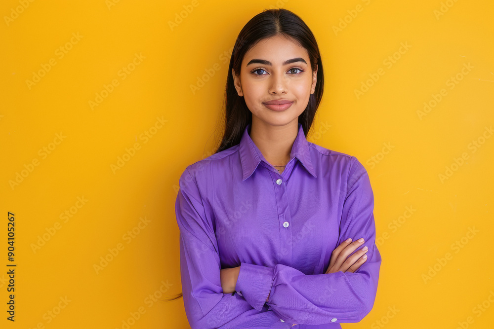 young indian woman standing on yellow background young indian woman standing on yellow background