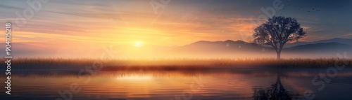 Serene sunrise over a misty lake with a solitary tree, creating a peaceful and tranquil natural morning landscape.