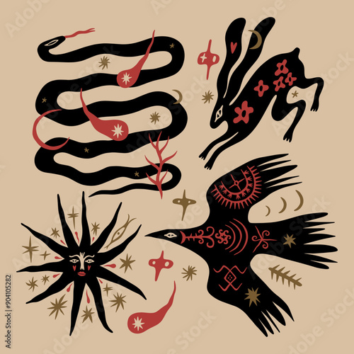 Ethnic folk fantasy cartoon fairytale flat art collection of funny groovy characters and animals inspired by slavic mythology. Midsummer or Litha solar solstice holiday concept. Hand-drawn bohemian