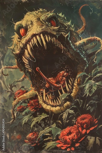 Retro sci-fi lizard plant maneater monster on an alien planet pulp creature design photo