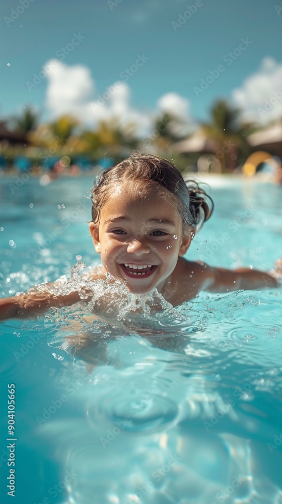 Joyful child splashing in crystal-clear turquoise pool water, radiating pure happiness on a sunny day at a tropical resort, capturing the essence of carefree summer fun. Joyful child splashing in crystal-clear turquoise pool water, radiating pure happiness on a sunny day at a tropical resort, capturing the essence of carefree summer fun.