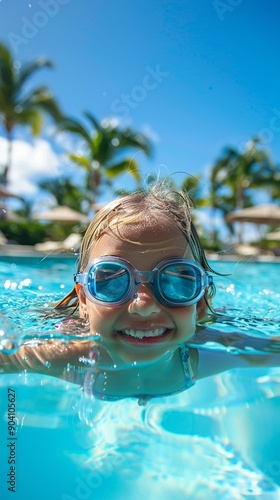 Joyful child with bright blue goggles enjoys a refreshing swim in a tropical resort pool, surrounded by palm trees under clear sunny skies.