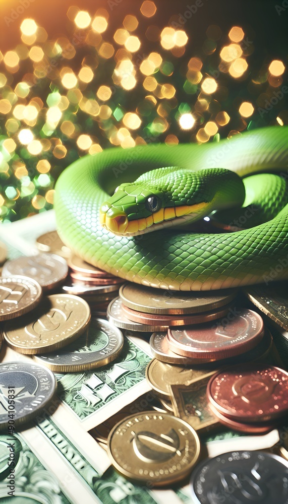 snake lies on coins and banknotes, a New Year's background snake lies on coins and banknotes, a New Year's background