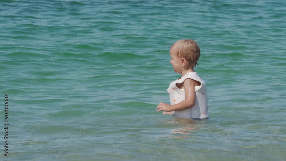 Little boy with his teenage brother playing ball while swimming in the sea. Cute child in swim vest life jacket learning to swim in water. Yevpatoriya, Crimea, Russia 2024 Little boy with his teenage brother playing ball while swimming in the sea. Cute child in swim vest life jacket learning to swim in water. Yevpatoriya, Crimea, Russia 2024