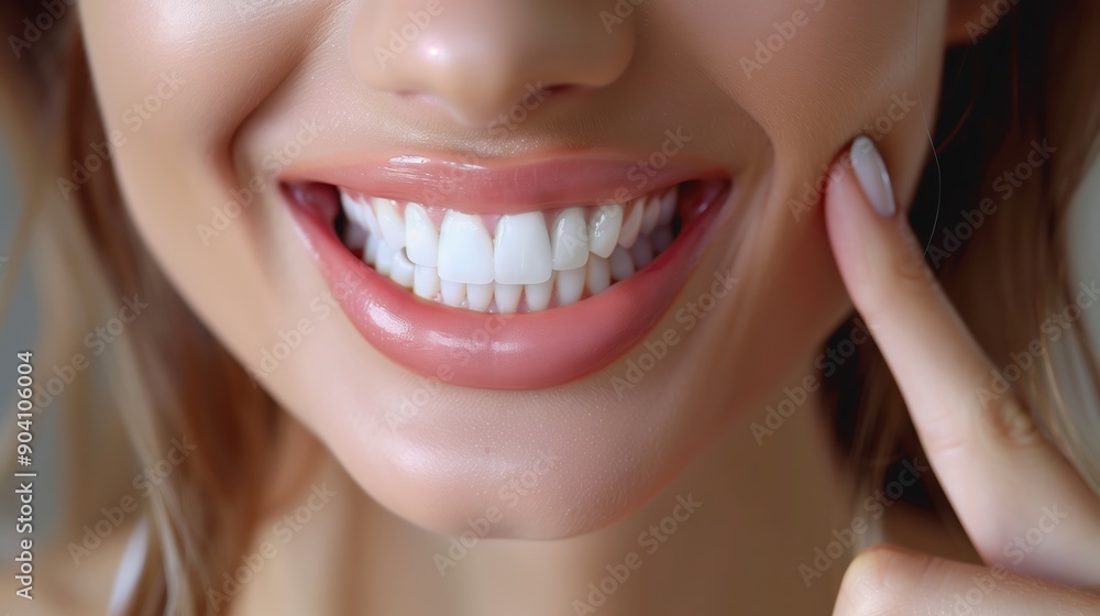 Obraz premium Close-Up of a Smiling Woman Highlighting Perfect Teeth and Healthy Gums