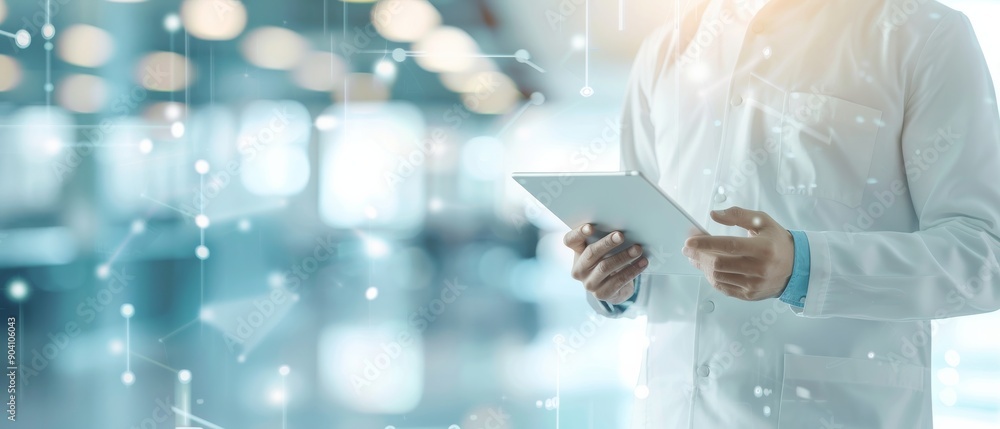 A healthcare professional in a lab coat uses a digital tablet in a modern medical environment, symbolizing innovation and technology. A healthcare professional in a lab coat uses a digital tablet in a modern medical environment, symbolizing innovation and technology.