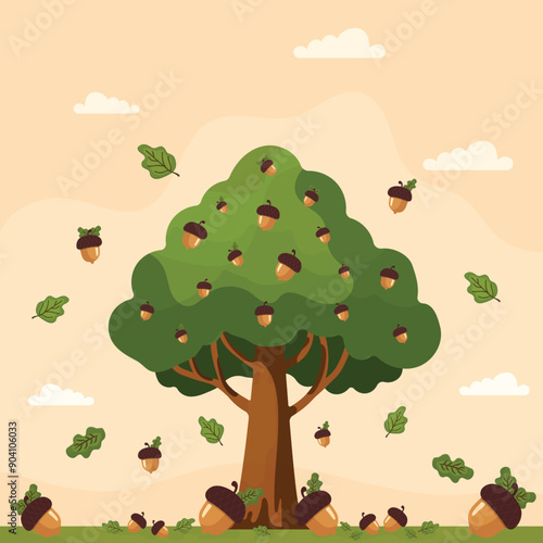 Oak tree and acorns flat  illustration
