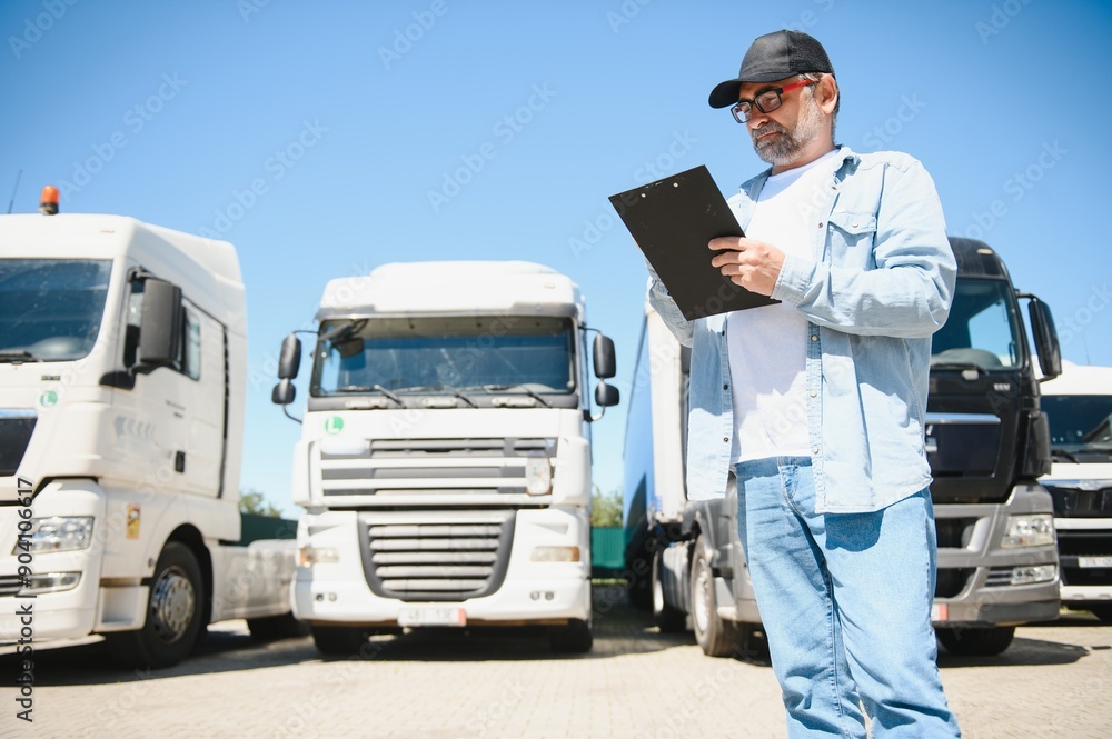 Mid adult truck dispatcher checking shipment list on a parking lot Mid adult truck dispatcher checking shipment list on a parking lot