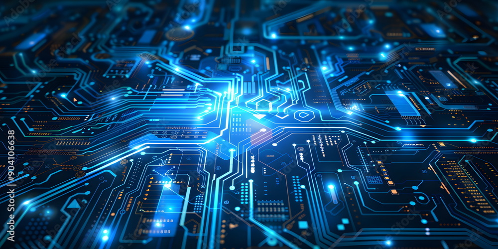 Blue circuit board and technology elements, futuristic and reliable feel, emphasizes modernity and reliability in technology. Hi-tech digital network concept for web design, banner or presentation. Blue circuit board and technology elements, futuristic and reliable feel, emphasizes modernity and reliability in technology. Hi-tech digital network concept for web design, banner or presentation.