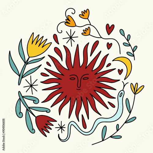 Folk medieval cartoon fairytale funny groovy whimsical Sun and stars flat art. Doodle stellar celestial cute astronomy and astrology characters. Midsummer or Litha holiday. Hand-drawn bohemian