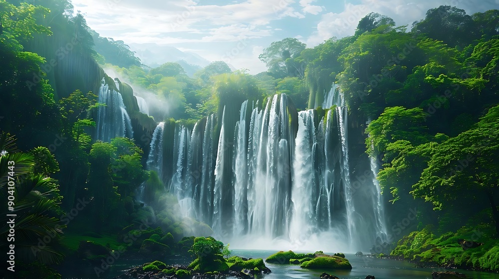 Fototapeta premium Majestic Waterfall in Lush Green Forest - Realistic Nature Photography