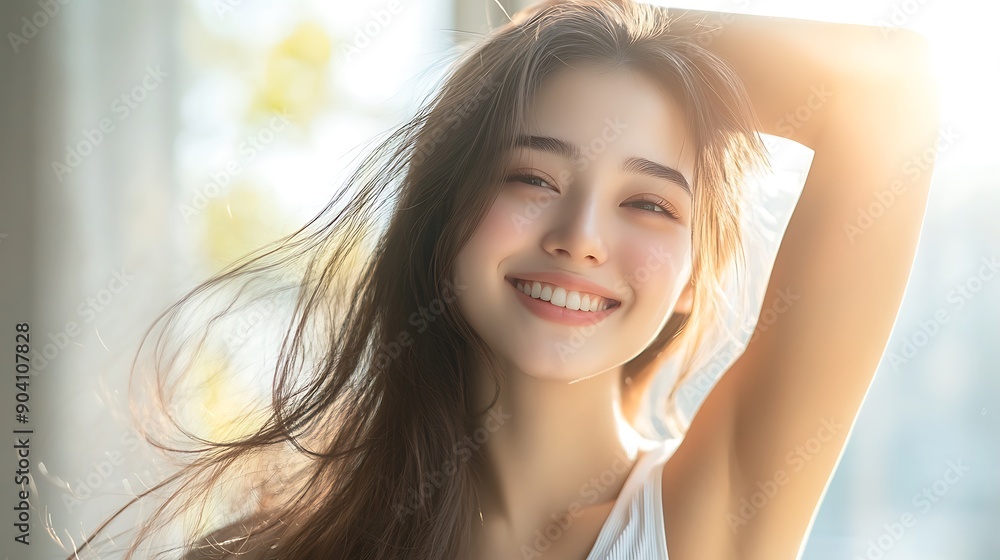 Radiant Asian Woman Smiling Brightly in Soft Natural Light with Flowing Hair Radiant Asian Woman Smiling Brightly in Soft Natural Light with Flowing Hair
