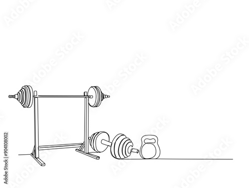 Continuous one line drawing of Squat rack -  gym equipment. Weight Bench , barbell, kettlebell single line vector illustration.