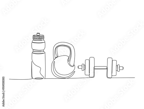 Continuous one line drawing of Dumbbell - Barbell gym equipment. Water bottle and Fitness equipment single line vector illustration.