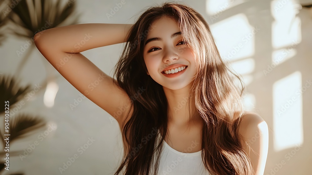 Radiant Asian Woman Smiling Brightly in Soft Natural Light with Flowing Hair Radiant Asian Woman Smiling Brightly in Soft Natural Light with Flowing Hair