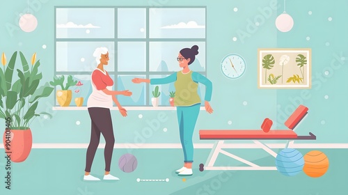 A woman exercising with a personal trainer in a light-filled gym. vector