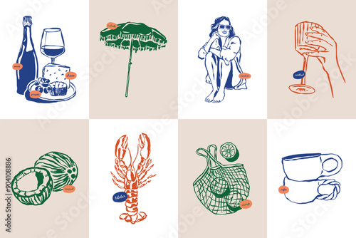 Minimalist hand drawn travel vector illustration collection. Art for postcards, branding, logo design, background.	
