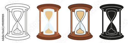 Full hourglass illustration. Hourglass in different styles. Hour symbol.