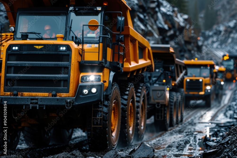 A row of massive yellow mining trucks driving through a rocky terrain road, illustrating the magnitude and strength of industrial mining operations amid challenging environments. A row of massive yellow mining trucks driving through a rocky terrain road, illustrating the magnitude and strength of industrial mining operations amid challenging environments.