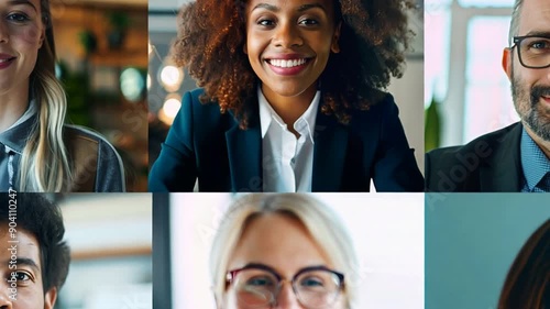 A group of people with different skin tones and facial features are smiling in a video conference. Concept of unity and diversity.