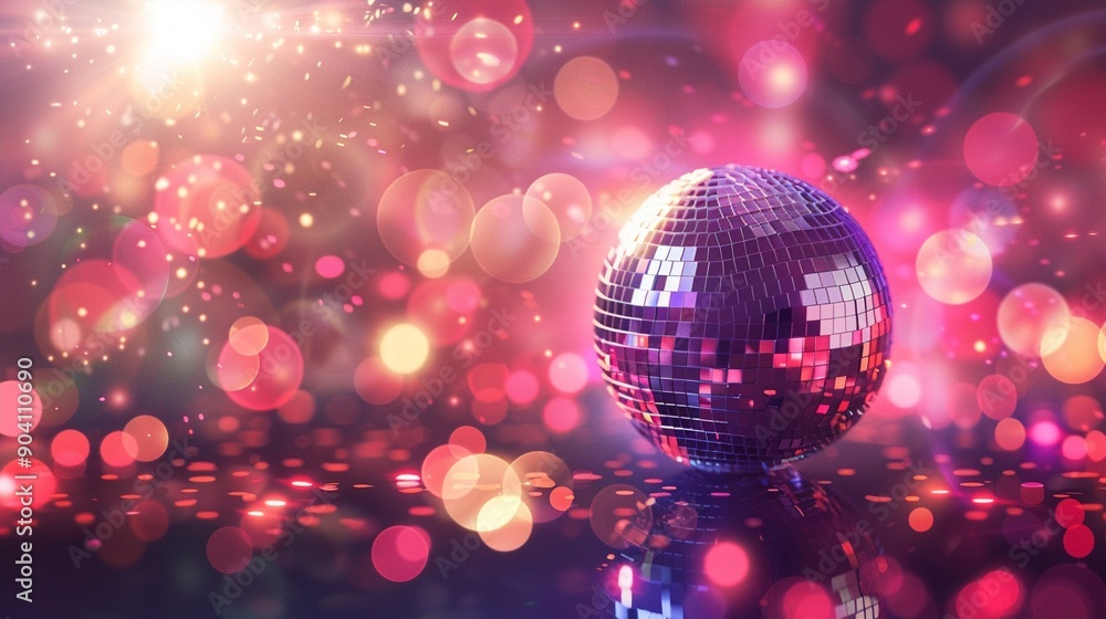 Glittering disco ball reflecting vibrant pink and purple lights, creating a mesmerizing atmosphere of celebration and dance party excitement. Glittering disco ball reflecting vibrant pink and purple lights, creating a mesmerizing atmosphere of celebration and dance party excitement.