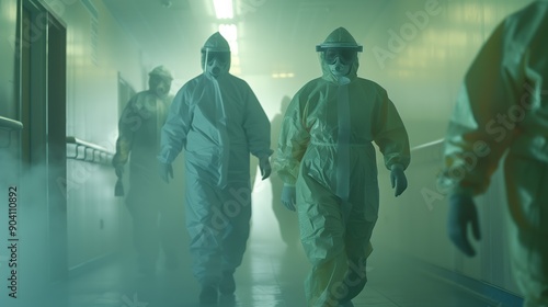 Healthcare workers in protective gear rush through a smoky hospital corridor, conveying urgency and seriousness