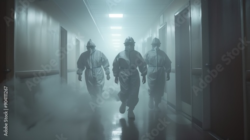 Urgent situation in a hospital hallway with medical professionals in hazmat suits running through smokefilled area