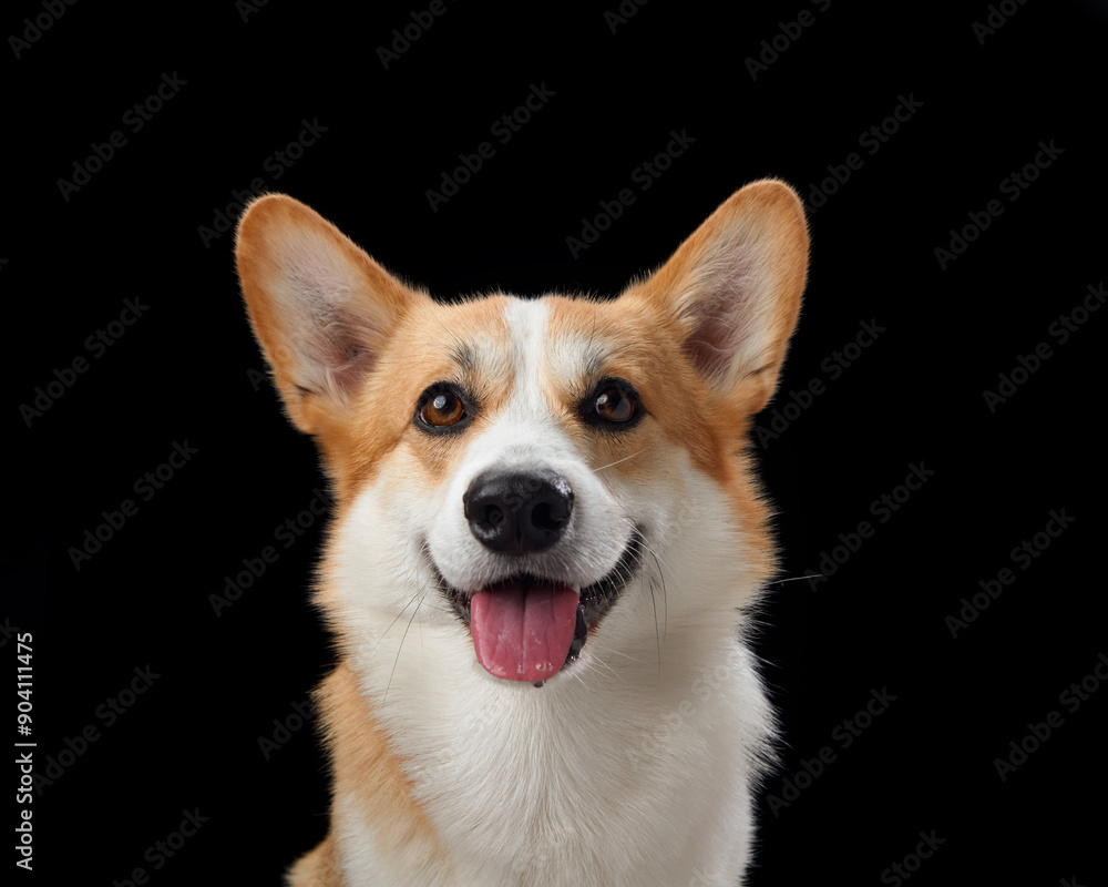 A joyful Pembroke Welsh Corgi grins broadly in a close-up against a stark black backdrop, radiating happiness. This dog cheerful demeanor and bright eyes A joyful Pembroke Welsh Corgi grins broadly in a close-up against a stark black backdrop, radiating happiness. This dog cheerful demeanor and bright eyes