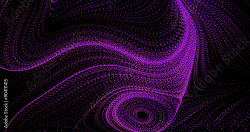 Abstract image of wavy lines from particles in a neon turbulence field on a black background. Vector illustration.