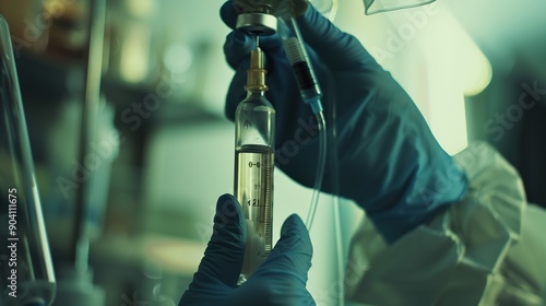 A scientist is carefully working with a medical sample in a lab, using precise tools and wearing protective gloves