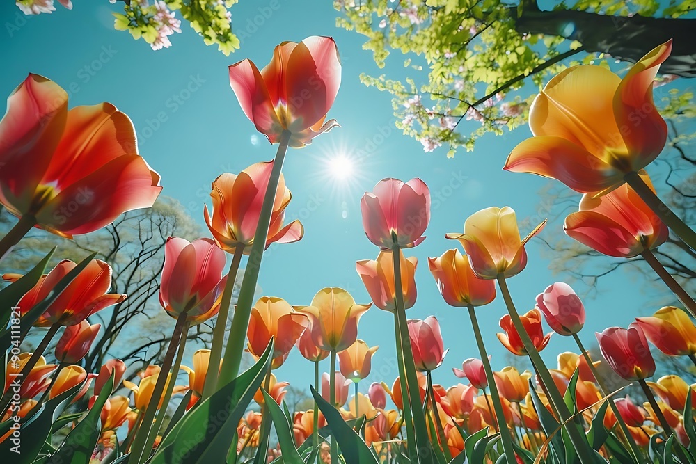 Colorful Tulips in a Field, Looking Up at the Sun Illustration Colorful Tulips in a Field, Looking Up at the Sun Illustration