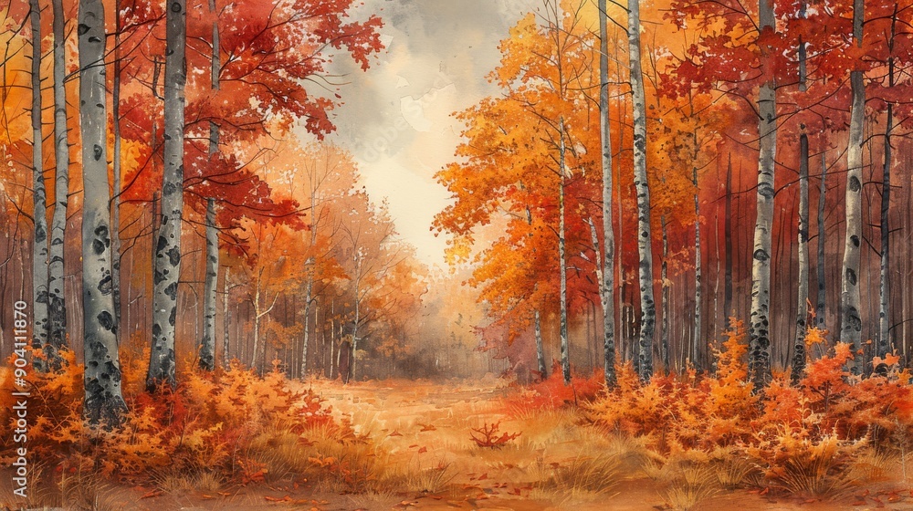 Obraz premium A serene autumn landscape with vibrant orange and red foliage, creating a tranquil path through the forest.