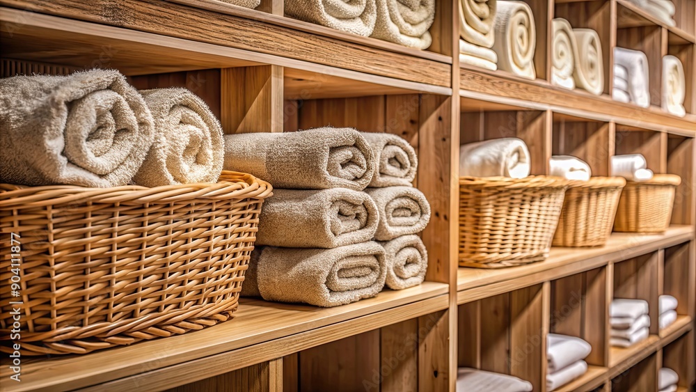 Obraz premium Neatly organized woven baskets filled with rolled towels on a wooden shelf in a spa setting , spa