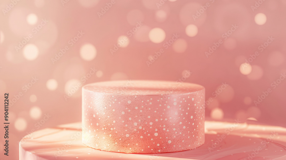 A textured cylindrical podium is placed on a pastel background with abstract polka dot patterns. Warm, diffused studio lighting adds a cozy touch, perfect for beauty products. A textured cylindrical podium is placed on a pastel background with abstract polka dot patterns. Warm, diffused studio lighting adds a cozy touch, perfect for beauty products.