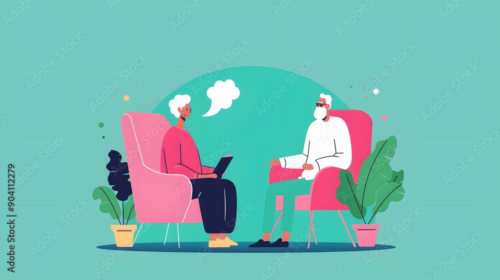 Two elderly people sit in chairs, engaged in conversation, with a speech bubble above the woman's head. A peaceful and friendly scene. Two elderly people sit in chairs, engaged in conversation, with a speech bubble above the woman's head. A peaceful and friendly scene.