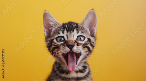 A mischievous and hungry Bengal kitten eating and licking its lips with tongue. Isolated on a soft yellow pastel background. © AI_images_for_people