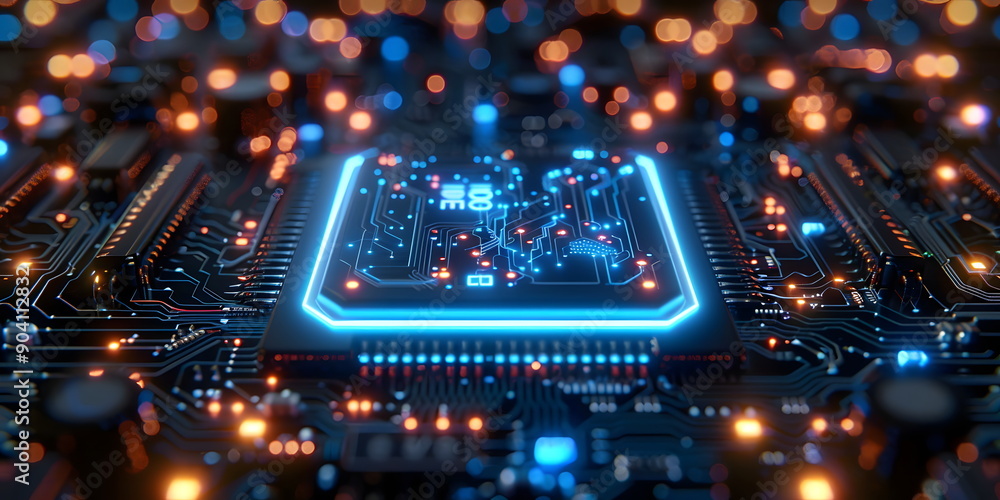 Obraz premium Blue circuit board and technology elements, futuristic and reliable feel, emphasizes modernity and reliability in technology. Hi-tech digital network concept for web design, banner or presentation.