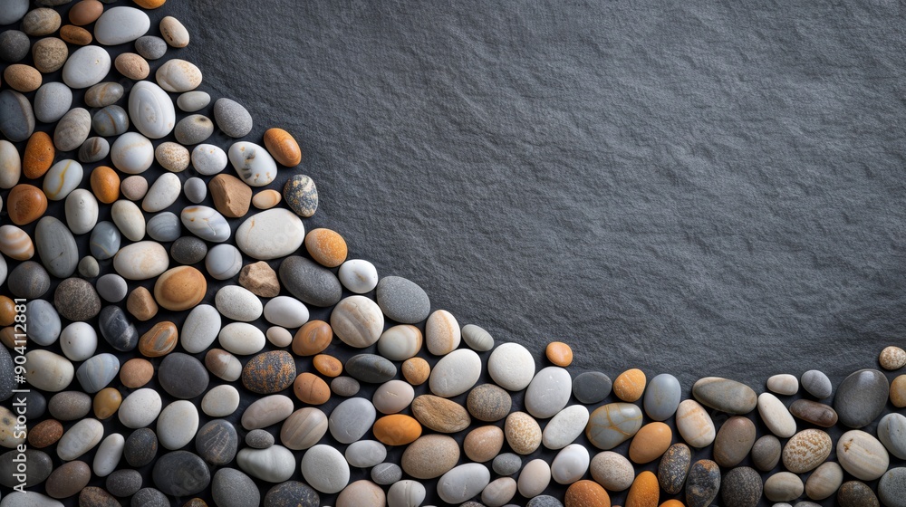 A serene composition of smooth pebbles on a dark slate background, ideal for backgrounds and nature-themed designs. A serene composition of smooth pebbles on a dark slate background, ideal for backgrounds and nature-themed designs.