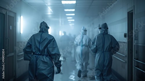 Healthcare workers in protective gear walk through a foggy hospital, highlighting safety during a health crisis