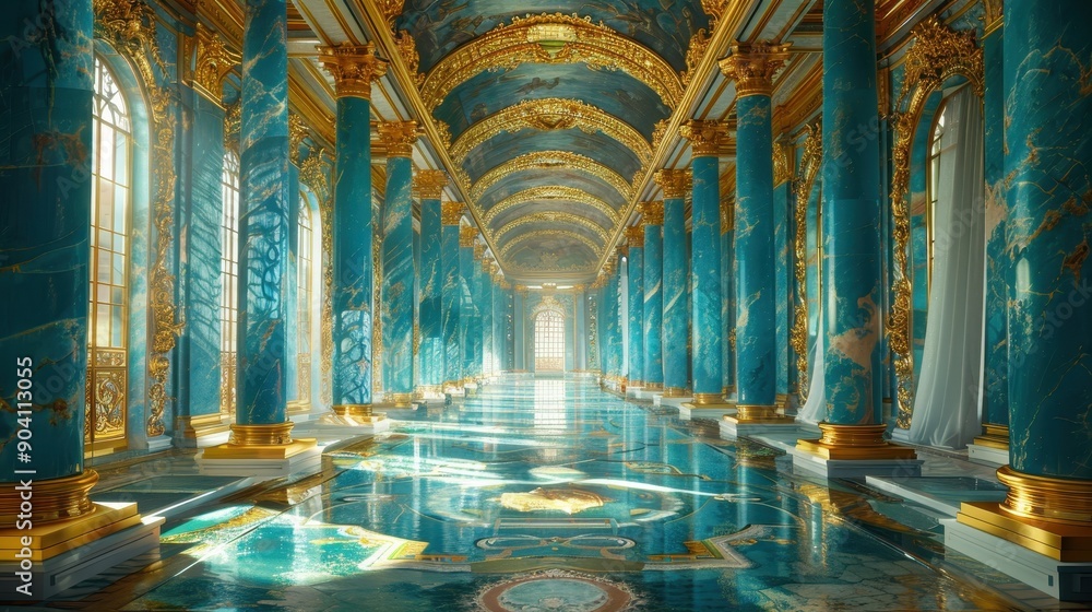 Luxurious Grand Hall with Ornate Golden and Blue Marble Columns and Intricate Ceiling Design Luxurious Grand Hall with Ornate Golden and Blue Marble Columns and Intricate Ceiling Design