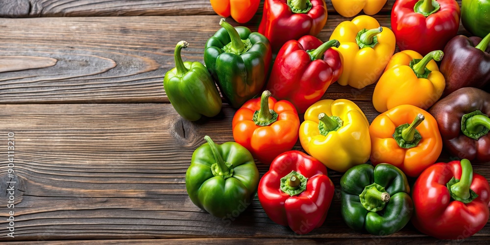 Fresh bell peppers of various colors on a wooden background, bell peppers, colorful, fresh, vegetables, healthy, organic, food