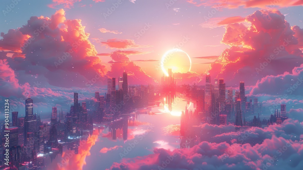 Fototapeta premium Colorful pastel animation of futuristic city.