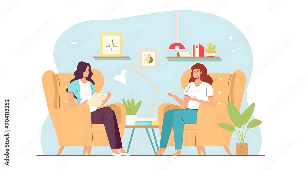 Two women sitting on chairs in a room, talking and engaging in conversation. They are in a relaxed setting. The image depicts a friendly, supportive atmosphere. Two women sitting on chairs in a room, talking and engaging in conversation. They are in a relaxed setting. The image depicts a friendly, supportive atmosphere.