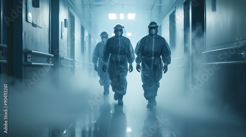 Healthcare workers in full protective gear are bravely walking through a misty hospital corridor during a crisis
