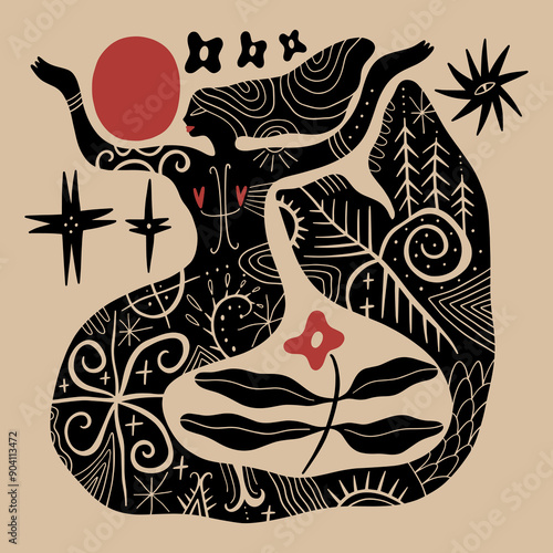 Cartoon ethnic mermaid, boho mythology character mascot groovy whimsical flat art. Doodle stellar celestial cute astronomy and astrology details. Hand-drawn solstice Midsommar bohemian composition